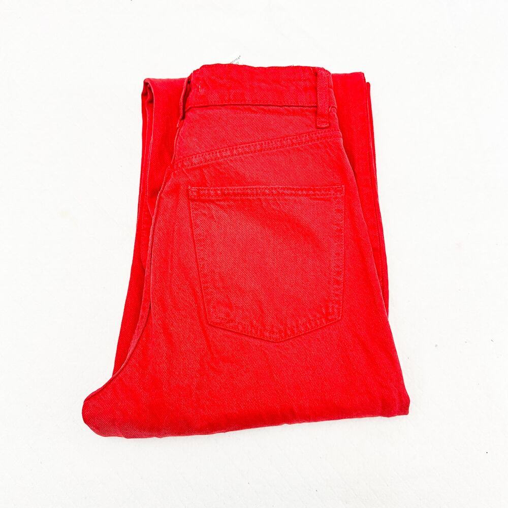 Zara Wide Leg Red Denim Jeans Frayed Raw Zip Fly Hem Size 4